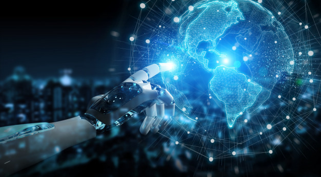 AI-cyborg-vs-humanoid-earth-globe