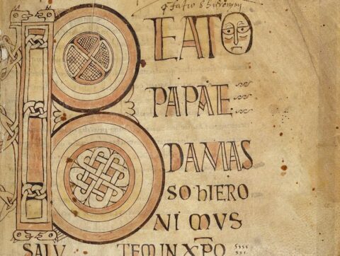 Egerton 609-Parchment codex-Decorated initials (B)eato and (N)ovum with interlace-crop